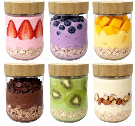 Hniuyun Overnight Oats Jars 16 oz - 6 Pack Glass Containers with Bamboo Airtight Lids for Yogurt, Chia Pudding & Meal Prep