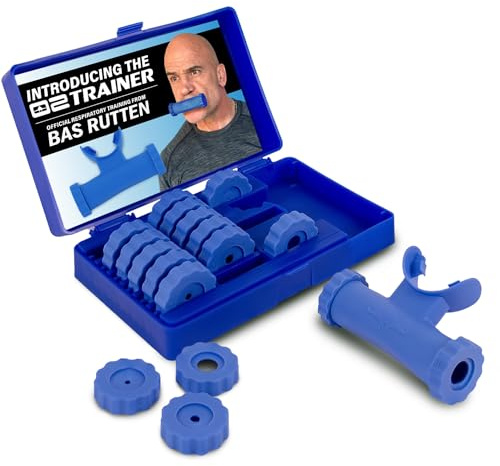 Bas Rutten O2Trainer: Breathing Muscle Training Device | Lung Power & Endurance Tool for Athletes, Singers & High-Altitude Performance | Diaphragmatic Respiratory Trainer | 16 Resistance Caps | Blue