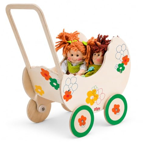 Dida - Puppenwagen Blume: Holz-Kinderwagen für Kleine Puppen bis 35 cm, Perfekt für Rollenspiele von Kindern im Alter von 2-4 Jahren, Ideal für Kleine Mamas und Papas