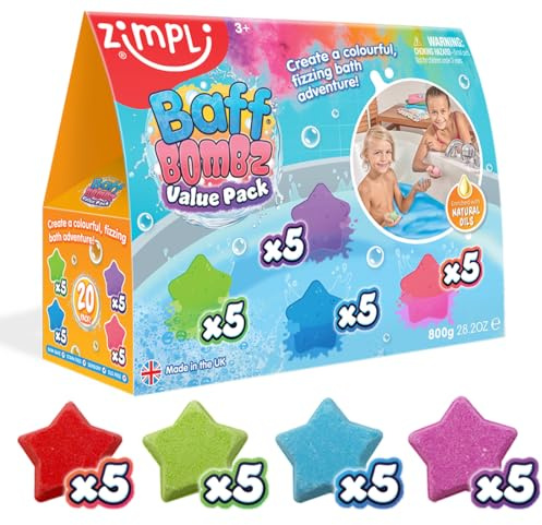 ZIMPLI - 20 x Baff Bombz Stella, Crea un’avventura colorata e frizzante durante il bagnetto, Set Bombe da Bagno per Bambini, Organico, Naturale