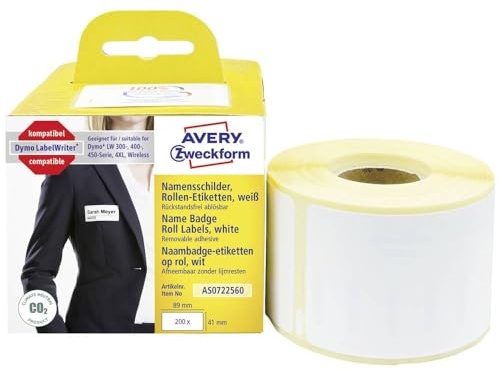 AVERY Zweckform AS0722560 Dymo LabelWriter Namensetiketten kompatibel zu S0722560 (41x89mm, 1 Rolle|200 Namensaufkleber, selbstklebend, für LW Dymo Etikettendrucker/Beschriftungsgerät/Etikettenband)
