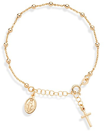 Miabella 18K Gold Plated 925 Sterling Silver Italian Rosary Cross Bead Charm Link Chain Bracelet for Women, Adjustable, Made in Italy (Length 7-8 Inch)