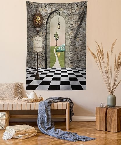 ABAKUHAUS Alice au pays des merveilles Tapisserie, Motif de conte de fées, Décoration murale en tissu pour chambre à coucher salon dortoir, 110 x 150 cm, Gris Noir Marron
