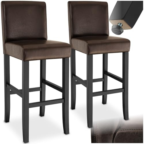 tectake® 2er Set Barhocker, Bistrohocker, Tresenhocker, Barhocker mit Lehne, gepolsterter Barstuhl, Bistrostuhl mit Fußstütze, Holz und Kunstleder, Stuhlbeine aus Massivholz, 107 cm hoch - braun