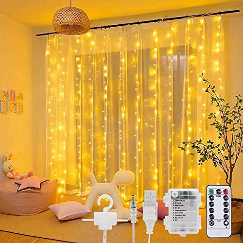 SUNACE LED Lichtervorhang - 3M*3M 300 LED Lichterkettenvorhang Batterie 8 Modi Wasserdicht USB Lichterketten Vorhang mit Fernbedienung Timer Lichtvorhang für Partydekoration Schlafzimmer Deko