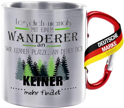 Crealuxe Edelstahltasse mit Karabiner - Leg dich niemals mit einem Wanderer an - wir kennen Plätze...- 330ml, Tasse bedruckt, Kaffeetasse, Bürotasse, Metalltasse mit Name