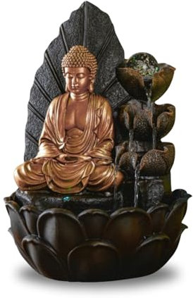 ZEN'LIGHT, Zimmerbrunnen Buddha Hartha, Dekoration Zen und Feng Shui, originelles Geschenk Buddha, LED-Beleuchtung Mehrfarbig, leise Pumpe, L 27 x B 27 x H 40 cm