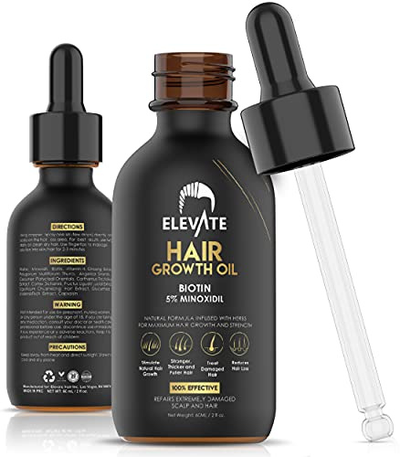 Elevate Hair Regrowth Treatment 5% Minoxidil Solution – Biotin Serum Hair Growth Oil for Men & Women - Thicker Fuller Stronger Hair - Stops Hair Loss & Thinning - Natural Hair Thickening Treatment 2oz