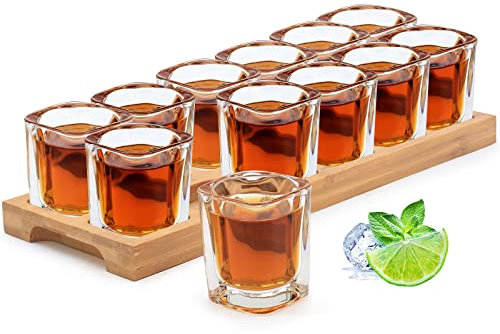 SuproBarware Shot Glasses Set of 12 Glass Shot Glasses with Tray 2oz/60ml Bulk Square Crystal Cups 12pcs and Holder Stand Organizer for Liquor Shots Tequila Whisky Brandy Vodka Rum Home Bar
