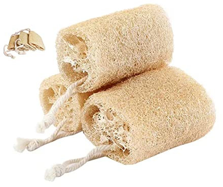 Natural Shower Loofah Sponge, Organic Loofah, Loofah Body Brush Natural Mesh Sponge Exfoliating Body Scruber for Removing Body Stains and Skin Deep Oil, Unclog Pores 3 pcs