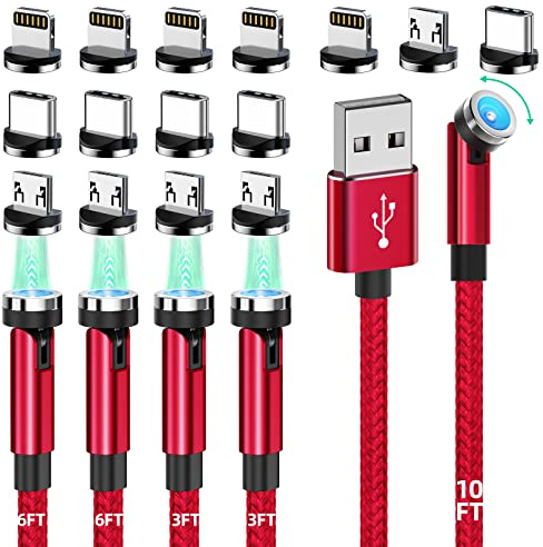 HanCenDa Magnetisches Ladekabel, 360° und 180° drehbar, 5-in-1 magnetisches | Handy-Ladekabel, 3er-Pack [0,9m/1,8m/3 m] 3A Schnellladekabel Unterstützung