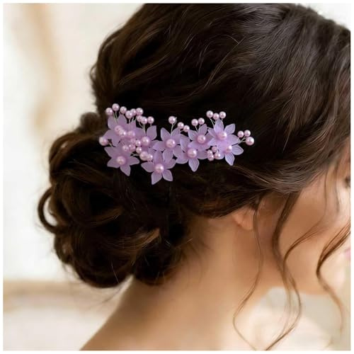 Aneneiceera Perle Braut Hochzeit Haarnadeln Lila Perle Haarteil Braut Blume Kopfbedeckungen Brautjungfer Haarschmuck Für Frauen Und Mädchen (Packung Mit 3) (lila)