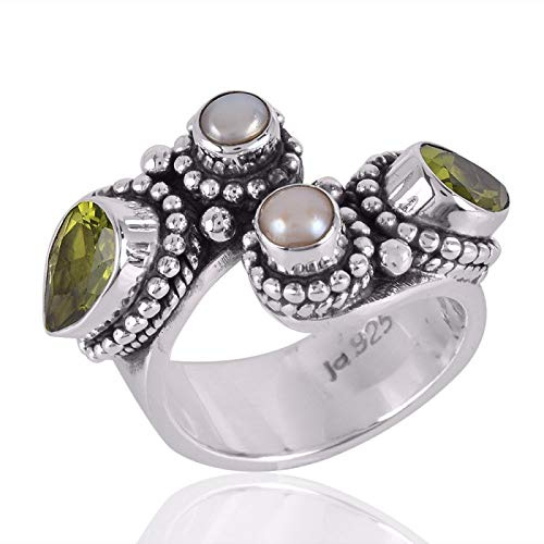 Feiner Sterlingsilberring für Frauen und Mädchen Echter Peridot-Perlenring Sterlingsilber-Statement-Ring August-Geburtsstein-Mix-Edelsteinring