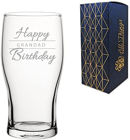 All Things Personalised Engraved Grandad Birthday Gift Tulip Pint Glass Holds 20oz 590ml Gift Boxed Happy Birthday Script Design Gift For Him Laser Engraved In The UK