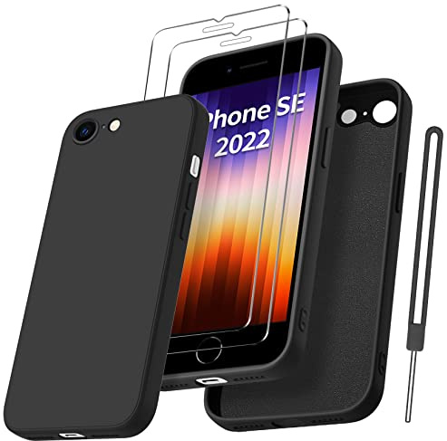 Qasyfanc HandyHülle für iPhone SE 2022 Hülle iPhone SE 2020 Hülle iPhone 8/7 Hülle Silikon case mit 2 Stück Panzerfolie, Ultra Microfiber TPU Flüssig mit Kameraschutz Schutzhülle (Schwarz)