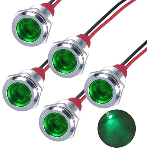 DMWD 5Pcs 12V-24V Energy Saving LED Indicator Light Mounting Hole 12mm (0.47) 20mA Waterproof Wide Flat Head Signal Lamp Pilot Dash Directional with Wire （Green LED）