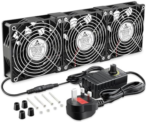 GDSTIME 3x120mm AC 230V/240V Cooling Fan with Speed Controller UK Plug, 116 CFM Each, Dual Ball Bearing 220V Computer Fan for Server Cabinet, AV Rack, Network Cabinet, PC Cooling, Ventilation