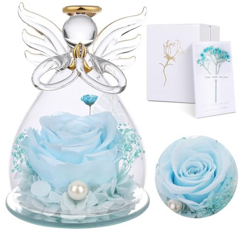 Touloube Weihnachten Geschenke für Frauen Rosen Engel, Geburtstagsgeschenk Geschenke für Mama Oma, Infinity Rose Konservierte Blumen Im Glas Engel Figur Geschenk für Mutter Freundin, Hellblau