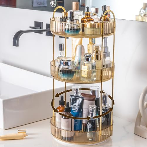 Lighterday Make Up Organizer 360° Drehbar Schminktisch Organizer Kosmetik Organizer für Kosmetik Skincare Parfüm,Makeup Organizers für Schminktisch Badezimmer Schlafzimmer (3 Lagen Gold)