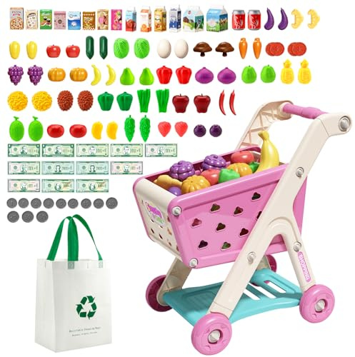 JOVOW Chariot de Courses Enfant, 98 Pièces Ensemble de Caddie d'enfants avec Sac de Courses, Ensemble de Jouets de Magasin pour Jeu de rôle éducatif adapté aux garçons et aux Filles de Plus de 3ans
