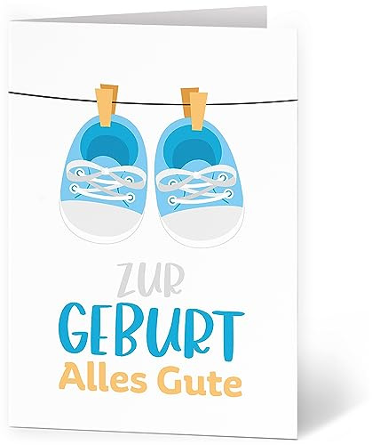 XXL Glückwunschkarte (A4) zur Geburt Junge Schuhe Blau - hochwertige Klappkarte | Große Karte Grußkarte Glückwunsch mit Umschlag Baby Eltern