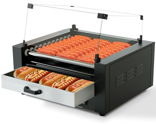 HYQNG Commercial Hot Dog Roller Machine, 1700W Sausage Grill Cooker Machine with Bun Warmer & Removable Drip Tray, 11 Non-Stick Roller Sausage Roasting Hot Dog Warmer, 0-250℃ Dual Temp Control