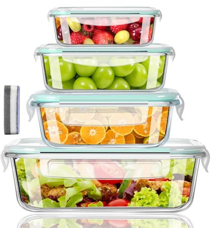 LNWSN Familien-Set Meal Prep Boxen – 370-640-1040-1520ml Frischhaltedosen Glas Mit Deckel Blau | Mikrowellengeschirr & Backofen-sicher (-40°C bis 560°C) | AuslaufsichereDichtung + Kinderbrotdose