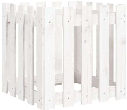 vidaXL Pflanzkübel, Blumenkübel mit Lattenzaun-Design, Pflanzkasten Übertopf für Garten Terrasse, Blumentopf Blumenkasten, Weiß 50x50x50 cm Kiefernholz