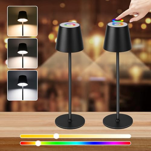 CHENBEN 2 Stück LED Akku Tischlampe Kabellose 7.5W Tischlampen 10 Farben verfügbar RGB Dimmbare LED Tischleuchte mit Touch-Schalter, IP54 Aufladbar Tischlampe für Bar,Aluminium,Schwarz