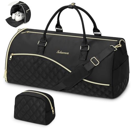 Tolaccea 47L Sporttasche & Reisetasche für Damen,Handgepäck Tasche mit Schuhfach Nassfach Laptopfach,Weekender Travel Bag Kliniktasche Geburt für Gym,Yoga,Reise,Schwimmen,Sauna (Schwarz)