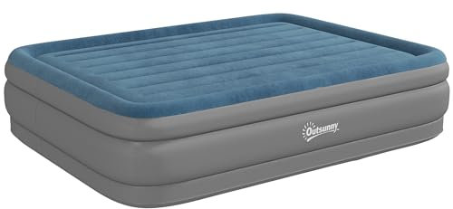 Outsunny King Size Air Bed with Built-in Pump, Inflatable Mattress with Carry Bag, Flocked Surface, Blow Up Airbed for Guest, Camping, Travel, 203 x 152 x 46cm, Blue and Grey