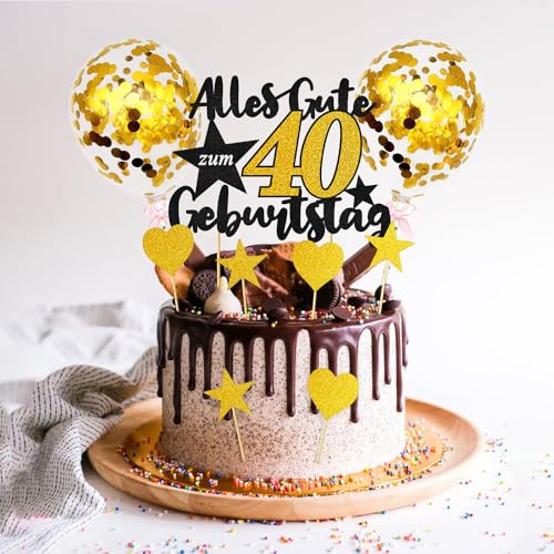 40. Geburtstag Tortendeko Gold Schwarz, Kuchen Deko 40 Jahre, Alles Gute Zum Geburtstag Torte, Mit 2 Kleinen Goldenen Luftballons, 3 Herzen, 4 Sternen