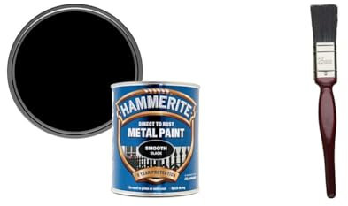 Hammerite Direct to Rust Metal Paint - Smooth Black Finish 750ML & Fit For The Job 1 inch All Purpose Mixed Bristle Paint Brush for a Smooth Finish Painting
