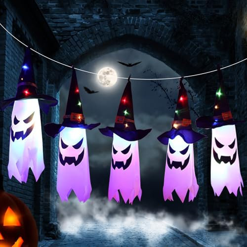 Shinybox Halloween Lampe, 5 Stück Hängende Geister mit Hexenhut, Halloween-Deko Garten Outdoor mit LED, Hängend Leuchtend Geist Hexenhut Deko Garten, Party Dekoration