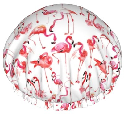 YHBLYKXP Verstellbare doppellagige Duschhaube mit Flamingo-Druck, wiederverwendbare Duschhaube für Damen im Spa-Salon