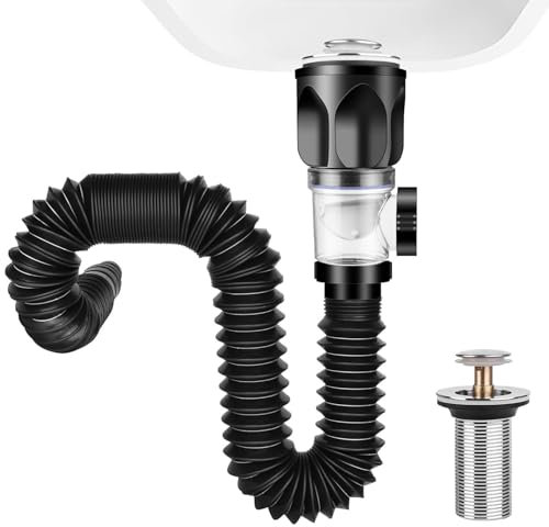 Hshenjhu Bonde de Lavabo Set, Extensible de 300-1000 mm Siphon lavabo, Evacuation Evier avec Flexible Drain et Bouchon de Vidange de Filtre Escamotable, Pour la Salle de Bain, Cuisine (Noir)