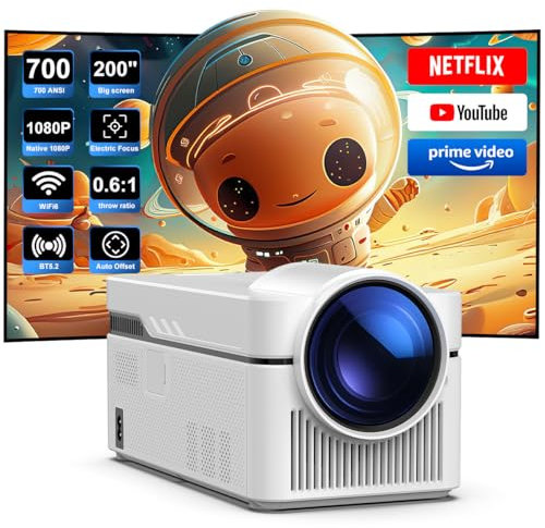 Android 13 Proiettore con Ufficiali TV Apps, HY450NTV Corta Distanza Proiettore Full HD 1080P Nativo 700ANSI Auto Offset 5G Wifi Messa a Fuoco Elettronica per Home Theater