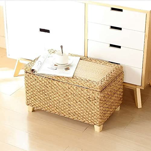 Handgefertigter rustikaler Rattan-Ottoman-Bank, mit Stauraum, Fußhocker mit Stauraum, Bettbank, für Wohnzimmer, klein, 50 x 30 x 30 cm