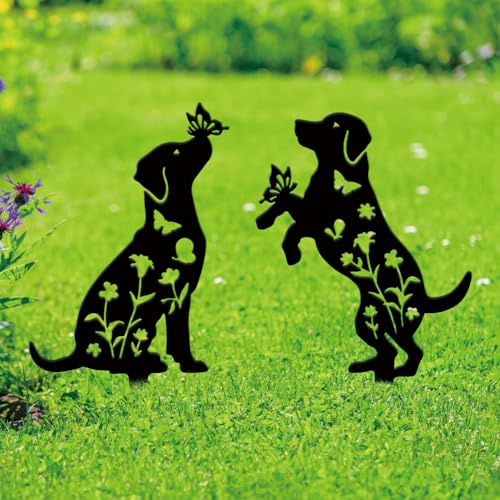 SUPERDANT 2 Stück Hunde Gartenstecker Spielende Hunde Gartenstecker Metall Schwarze Silhouette Gartendeko Tiere Dekorative Gartendeko Rasen Terrasse Geschenk Für Gärtner Hundeliebhaber