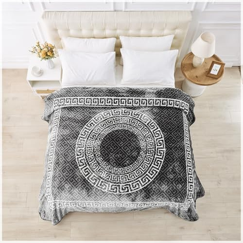 GC GAVENO CAVAILIA Sherpa Fleece Blanket (200x240 cm) - Greek Pattern Bed Throw King Size - Fluffy Throws For Bed, Sofas, Armchair - Thermal, Cosy Large Blankets and Throws Washable - Charcoal