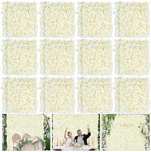 BrillShine 12 Stück Hortensien Kunstblumen Blumenwand, 38 x 38 cm Künstliche Blumenwand Panel DIY Blumen Hintergrund für Hochzeit Balkon Garten Valentinstag Outdoor Deko, Creme