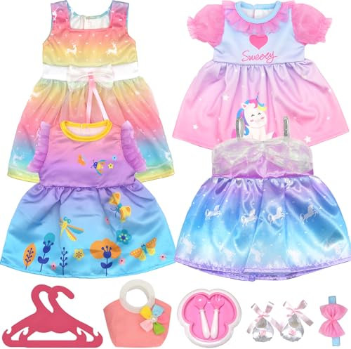 10 Stück Puppenkleidungsset für 40–46 cm Puppen, Deluxe Baby Kleid Zubehörset mit Kleider Kleiderbügel Besteck Taschen Schuhe für Mädchen Weihnachts Geburtstagsgeschenk (Ohne Puppe)