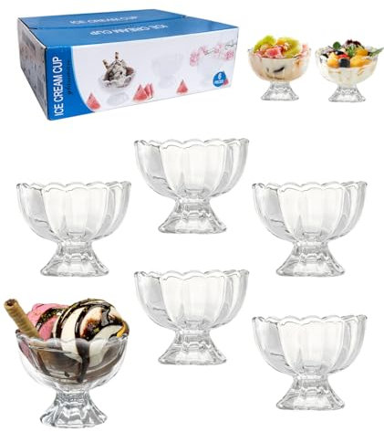 Cartlant Ice Cream Bowls Dessert Glass Set of 6, 150ml Sundae Prawn Cocktail Glasses Kids Clear Serving Pudding Cups, Small Vintage Trifle Pots for Salad Yogurt Tiramisu Mousse Cheesecake Baking