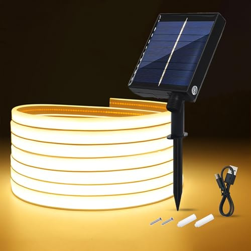 Wisada 24V Solar LED Streifen, 8 Modi Lichtband Außen Neon Lichterkette, Neon Stripe Cuttable 5cm, 320LEDs/m Superheller COB LED Band für Terrasse, Innenhof(Warmweiß，1m)