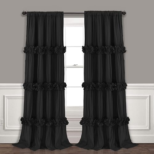 HIG Verdunklungsvorhänge mit Kräuselband 2er Set - 245x140 cm (Höhe x Breite) -Elegant Vorhang Blickdicht mit Handgefertigten Schleifen - Gardinen mit Rüschen für Wohnzimmer Schlafzimmer, Schwarz