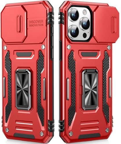 OLHAOMAO Cover per iPhone 15 Pro Max con Support À 360°,[Anello Magnetico Cavalletto][Copertura Fotocamera Scorrevole] Caso di Protezione delle lenti Militare per iPhone 15 Pro Max, 6,7,Rosso