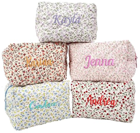 joyinaff Personalized Embroidered Large Cosmetic Pouch with Cotton Fabric Floral Quilted Makeup Bag for Women, Pink And White Floral, Modern Floral