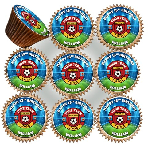 30 x YOUR FOOTBALL CLUB LOGO BIRTHDAY PERSONALISED EDIBLE ICING 3.8 cms CUPCAKE TOPPERS DECORATIONS FB-009