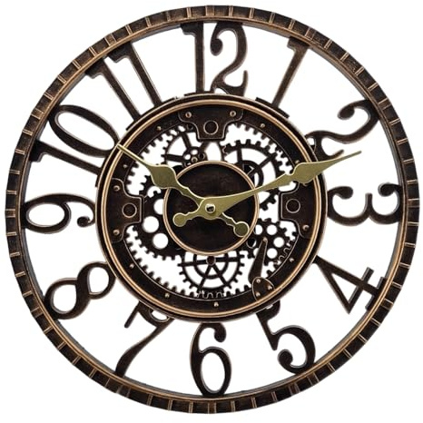 Vintage Steampunk Wall Clock, Decorative Gear Design, Large Round Clock for Indoor Outdoor Garden, Bronze (Bronze)