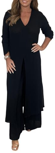 Yegirlzs Completo Donna Elegante 2 Pezzi Set Manica Lunga Camicia e Pantaloni Due Pezzi Completi Tuta Casual Outfit Autunno A Nero M